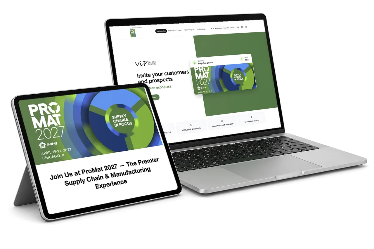 A laptop showing the VIP Guest Invites exhibitor dashboard beside a tablet showing a ProMat 2027 invitation
