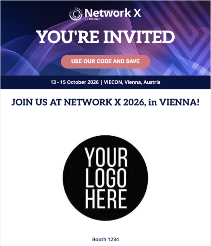 An invitation email, customized for the exhibitor